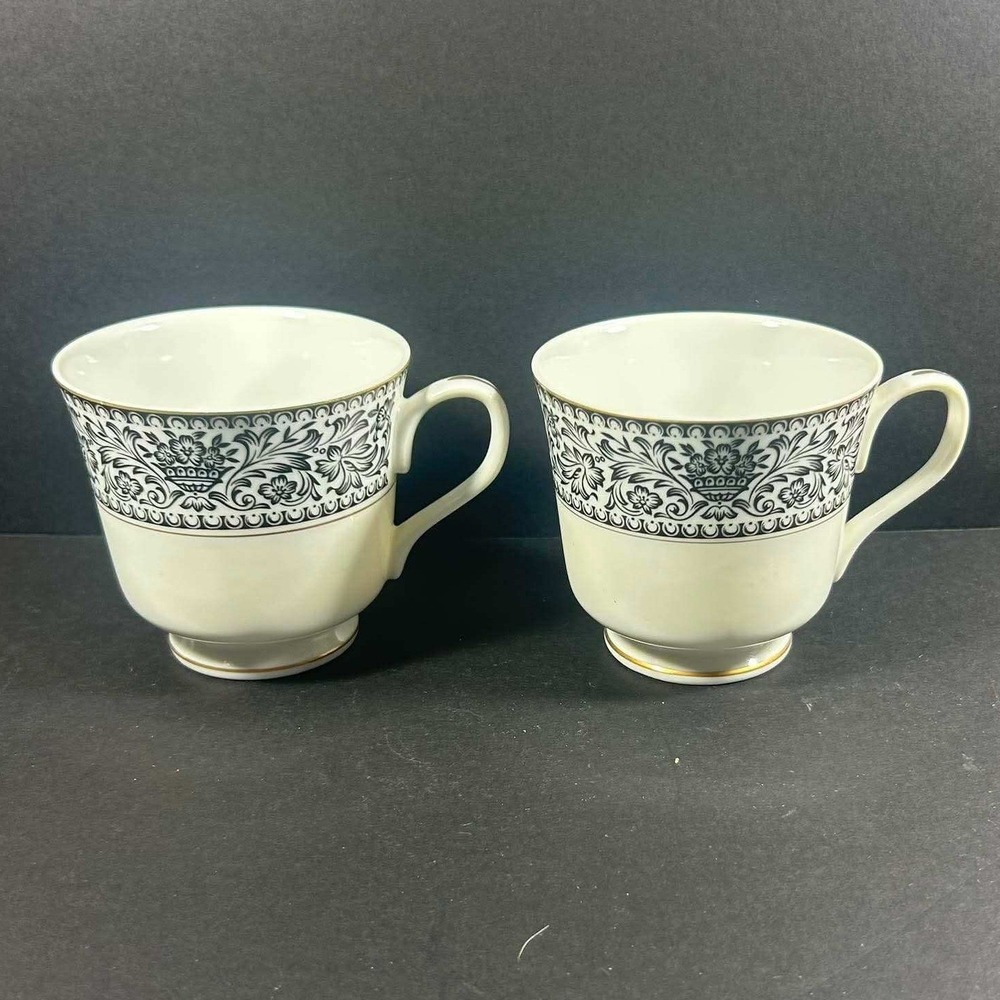 Carriage House Castile 458 Teacups White Black Floral Gold Trim Japan Set of 2